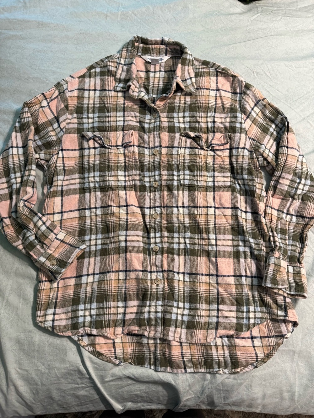 Old Navy Pink and Olive Plaid Button-Down Shirt